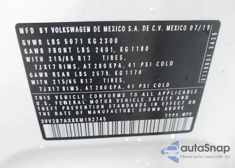 2019 Volkswagen Tiguan 2.0T Se/2.0T Sel/2.0T Sel R-Line/2.0T Sel R-Line Black from USA, damaged, VIN 3VV2B7AX8KM192745